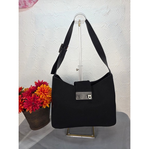 Salvatore Ferragamo Handbags - Salvatore Ferragamo‎ Black Canvas Leather Hobo Bag Gancini Hardware Shoulder Bag